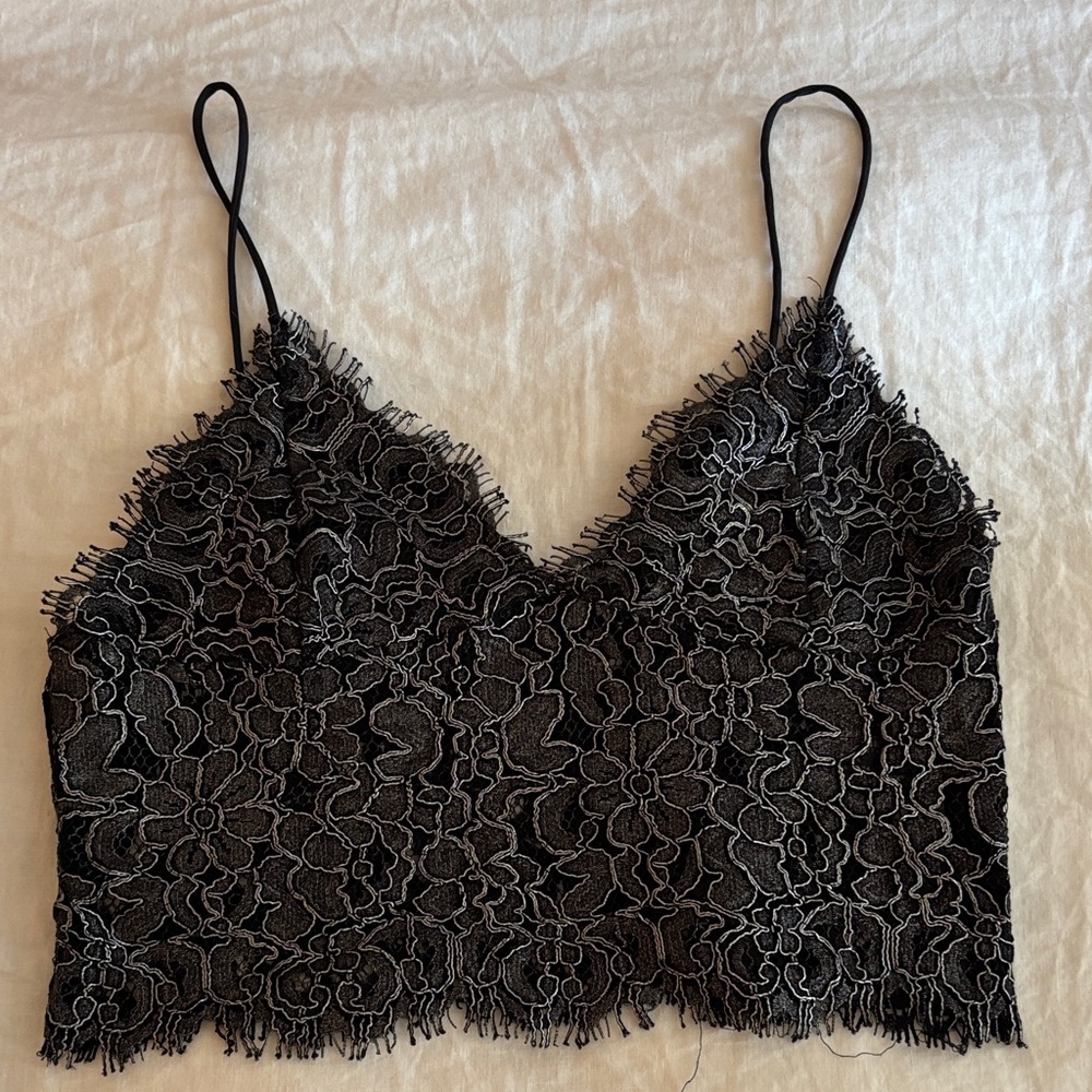 Zara Black Floral Lace Cropped Cami Top Size L